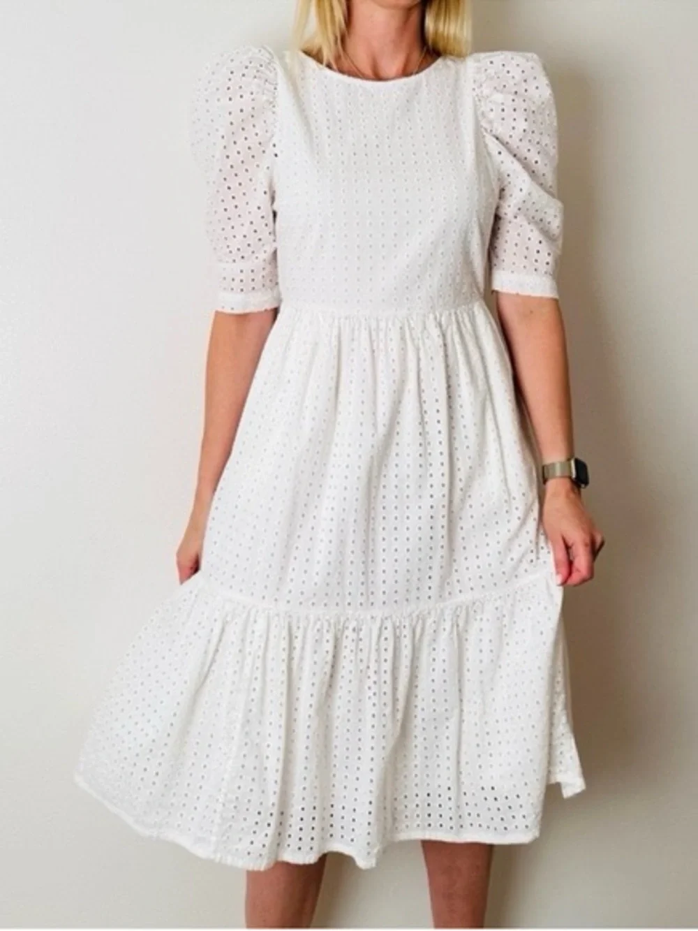 A New Day 100% Cotton Eyelet Cottagecore Midi Dress Puff Half Sleeves Off-White - Picture 1 of 12
